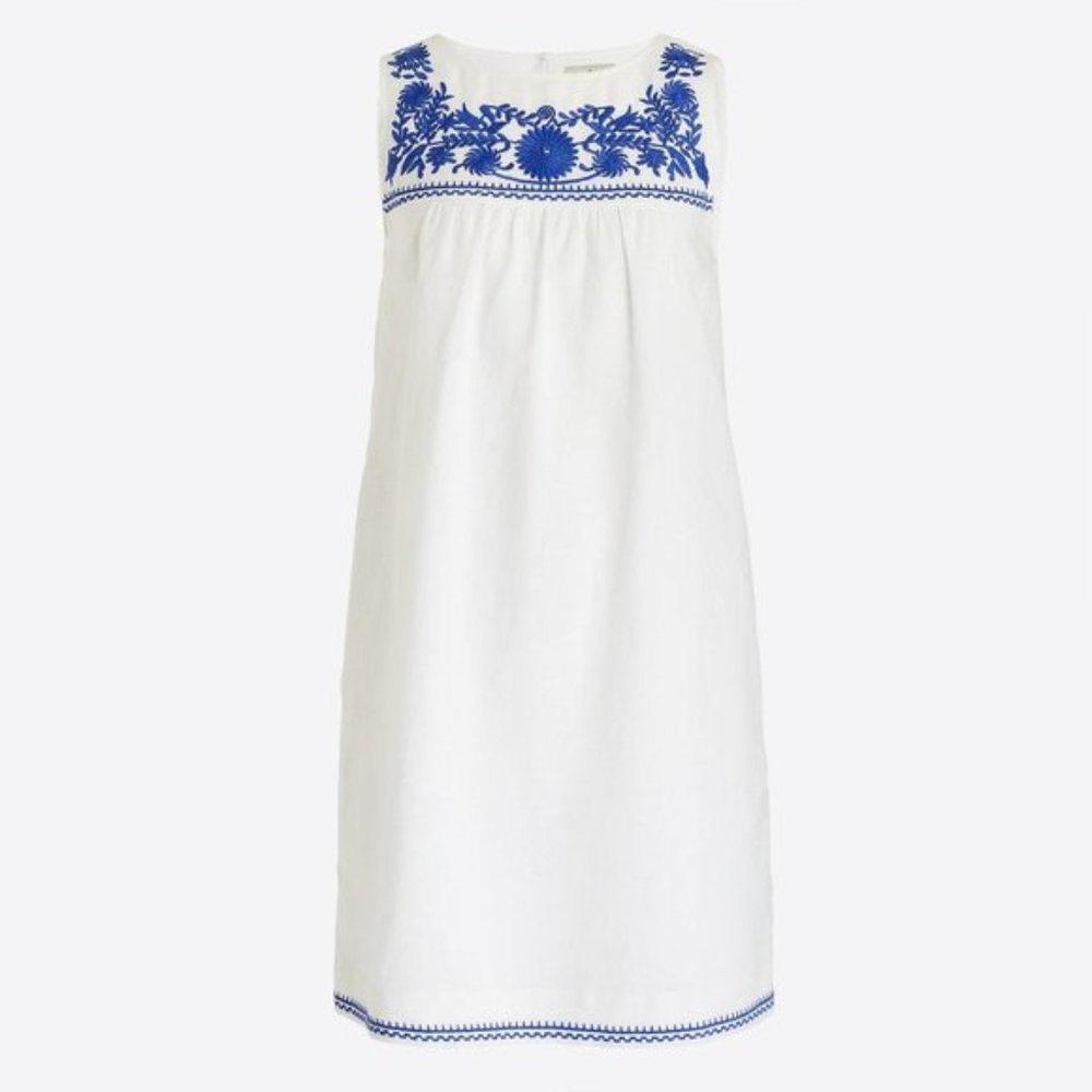 J Crew Factory Linen Embroidered Dress - Blue/White